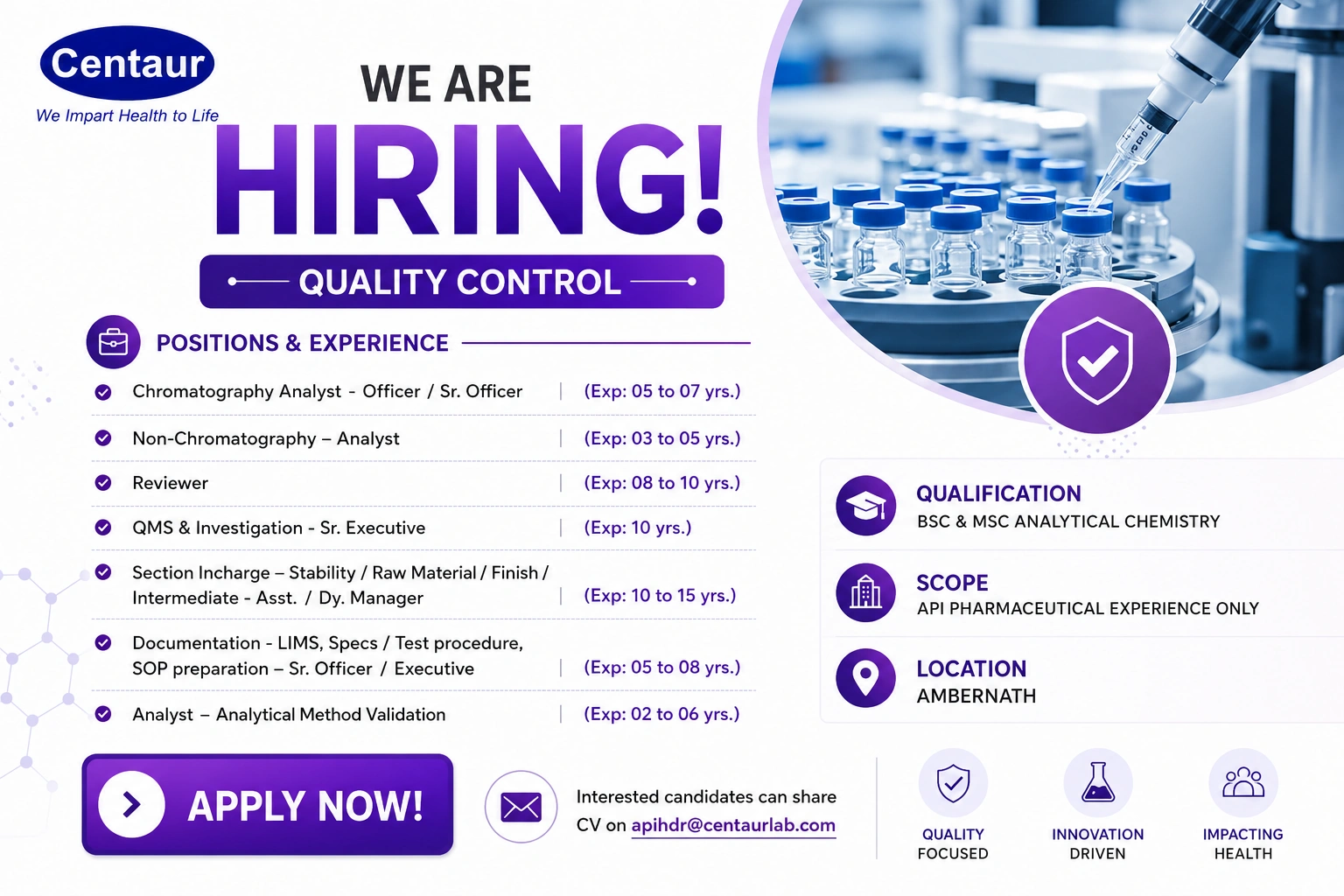 Centaur Pharmaceuticals is hiring experienced professionals for various Quality Control roles including Chromatography Analyst, Reviewer, Section Incharge, and more at its API facility in Ambernath.
