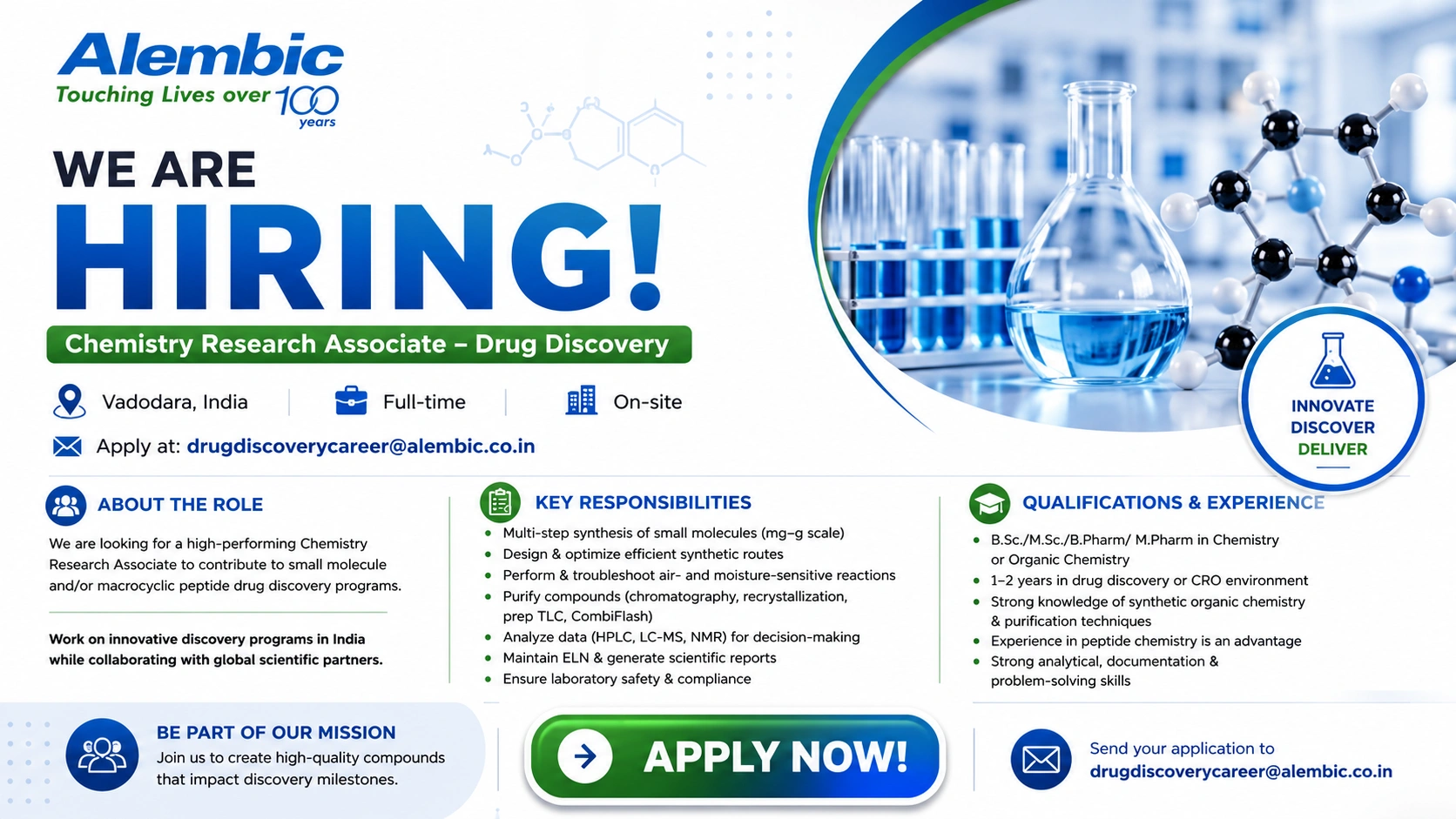 B.Sc / M.Sc / B.Pharm / M.Pharm (Chemistry / Organic Chemistry)