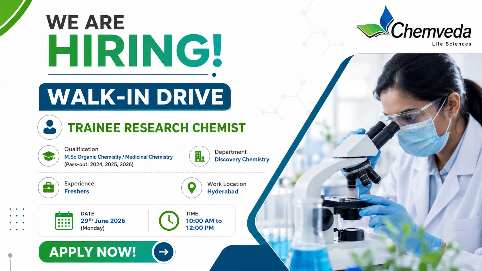Chemveda Life Sciences Walk-in Interview for Trainee Research Chemist | Freshers | M.Sc Organic & Medicinal Chemistry | Hyderabad on 29 June 2026 (Monday)