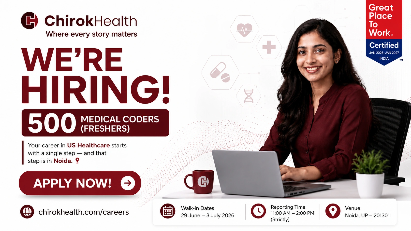 Chirok Health Walk-in Interview for 500 Medical Coders | Freshers | Noida | Apply Now on 29 June – 3 July 2026