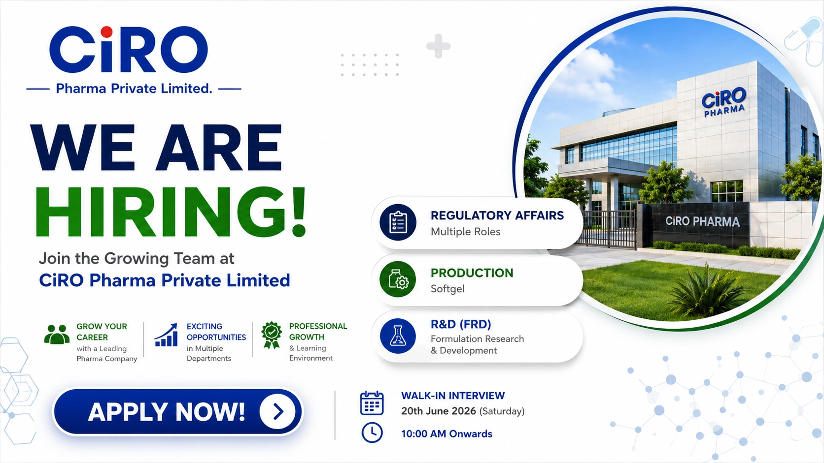 CIRO Pharma Private Limited Walk-In Interview | Regulatory Affairs, Production & FRD Jobs in Telangana on 20th June 2026 (Saturday)