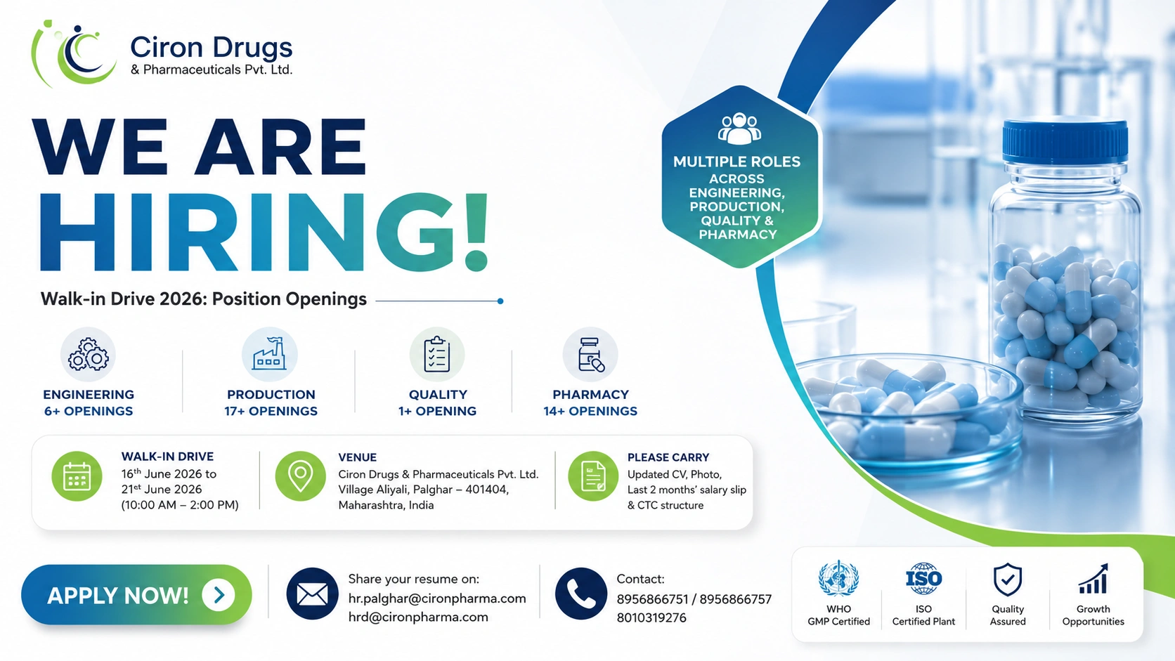 Ciron Drugs & Pharmaceuticals Pvt. Ltd. Walk-In Interview for Production and Engineering Departments | Pharma Jobs in India on 16 June 2026 to 21 June 2026