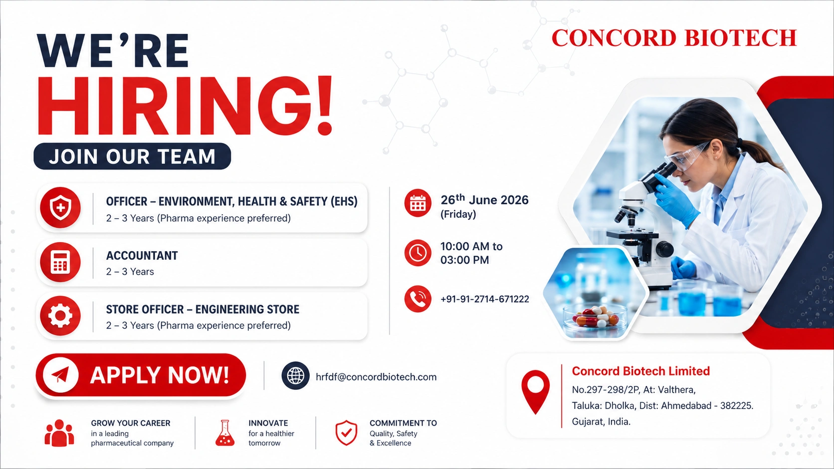 Concord Biotech Walk-In Interview for EHS Officer, Accountant, and Store Officer | Pharma Jobs in Ahmedabad on 26th June 2026 (Friday)