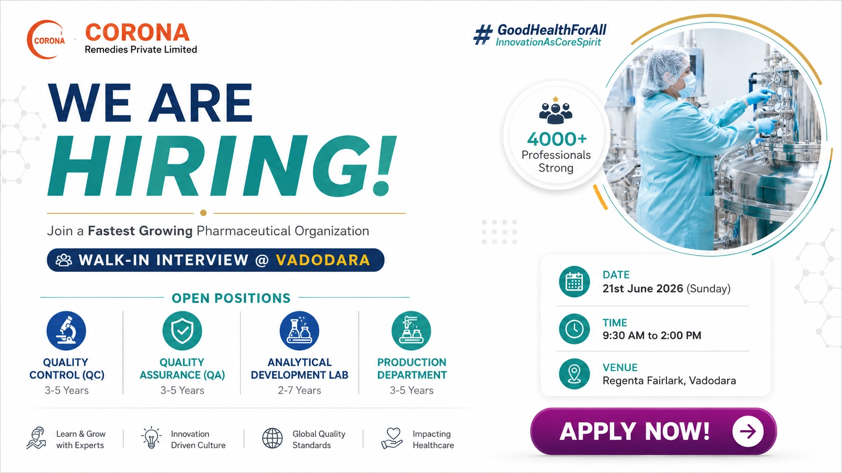 CORONA Remedies Limited Walk-In Interview for QA, QC, Analytical Development Laboratory & Production Roles in Vadodara on 21 June 2026