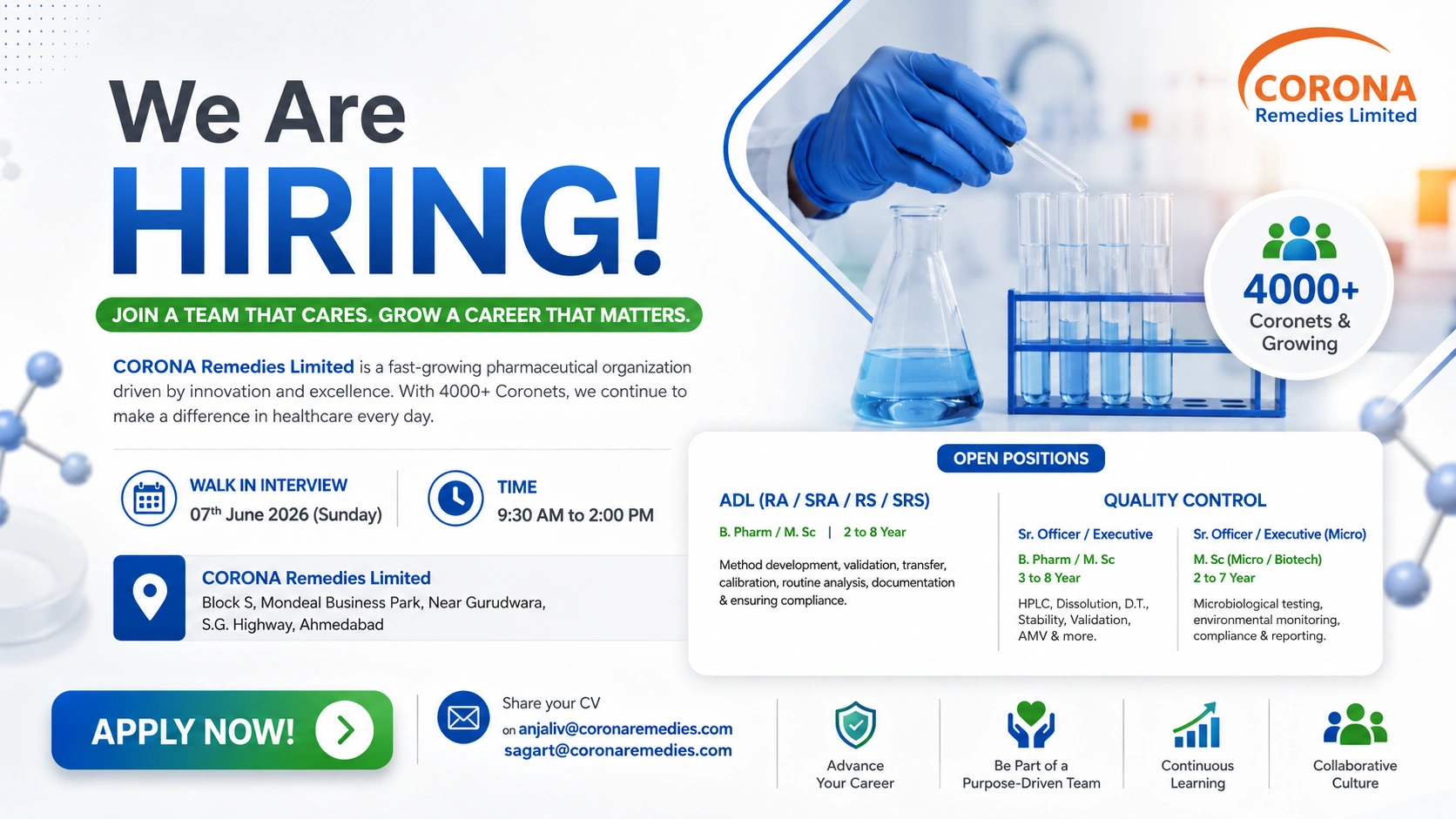 Corona Remedies Walk-In Interview for ADL & Quality Control Professionals in Ahmedabad on 07 June 2026