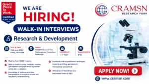 CRAMSN Research Park Walk-In Interview for R&D Professionals | M.Sc Chemistry Jobs in Hyderabad on 12th June 2026 (Friday)