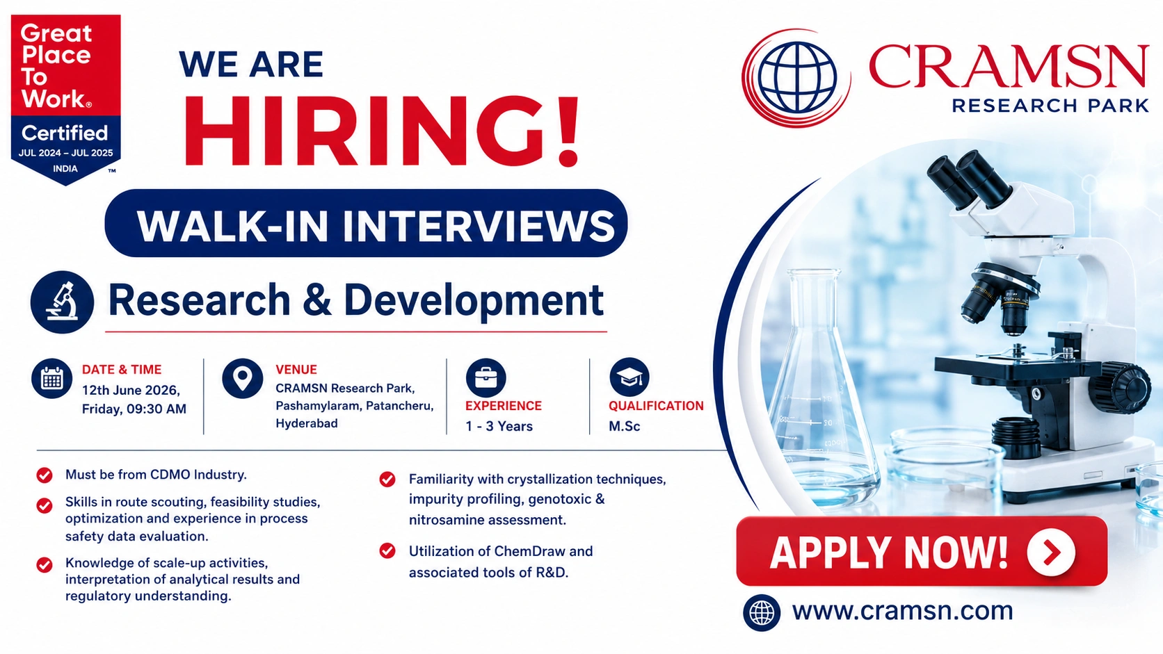 CRAMSN Research Park Walk-In Interview for R&D Professionals | M.Sc Chemistry Jobs in Hyderabad on 12th June 2026 (Friday)