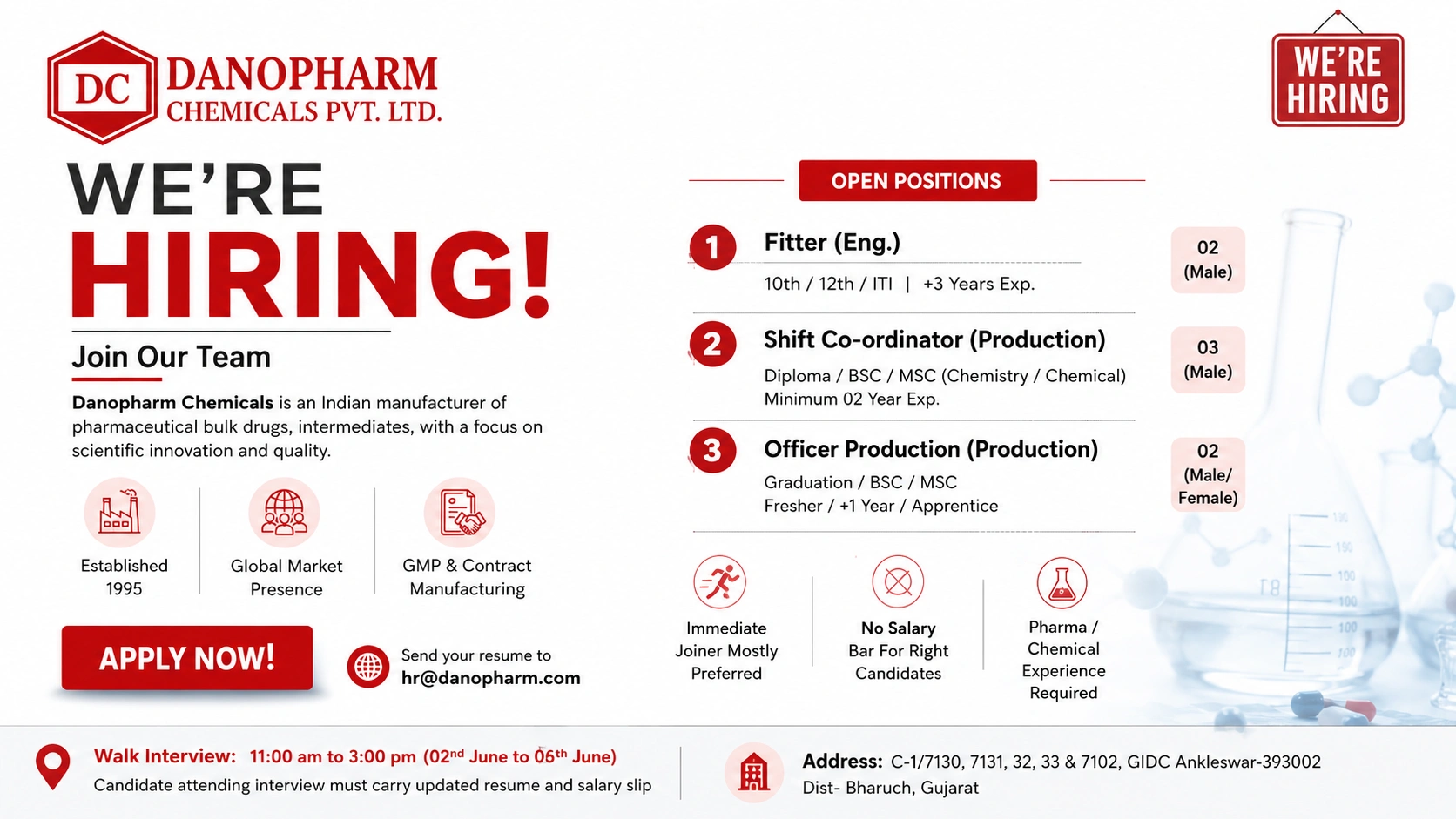 Danopharm Chemicals Walk-In Interview for Production, Engineering & Shift Coordinator Roles in Gujarat on 02 June 2026 to 06 June 2026