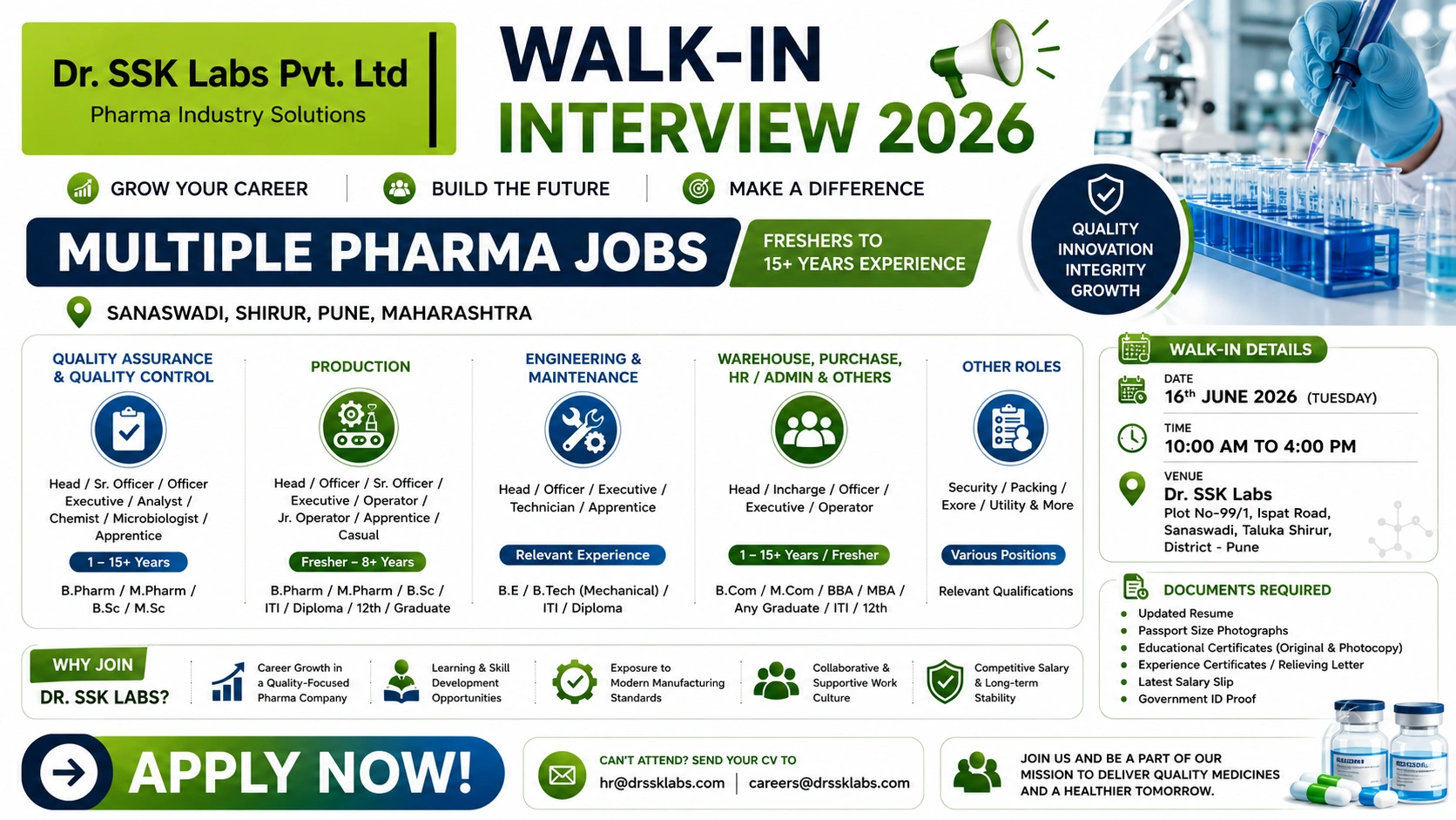 ITI / 12th / Diploma / B.Sc / M.Sc / B.Pharm / M.Pharm / B.E / B.Tech / B.Com / Any Graduate