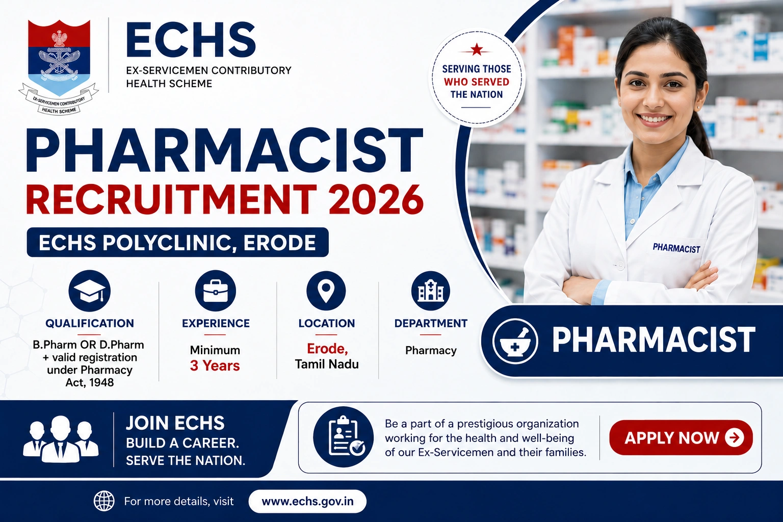 ECHS Pharmacist Recruitment 2026 – Ministry of Defence Job at ECHS Polyclinic Erode