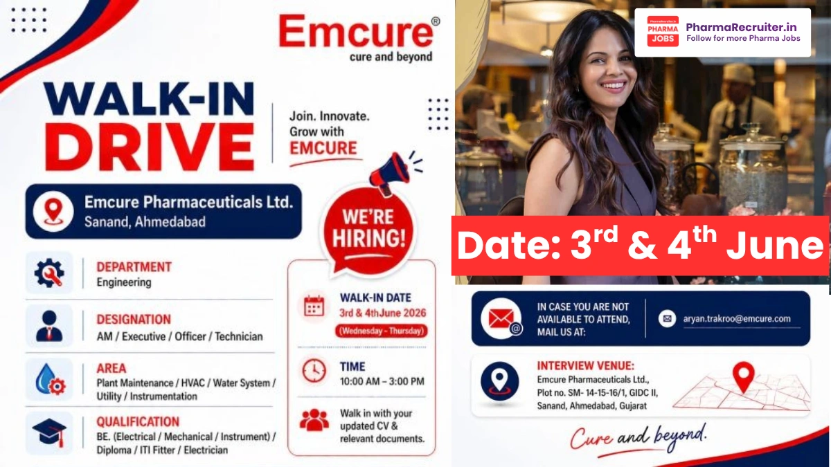 Emcure Walk-in drive on 3rd And 4th june 2026