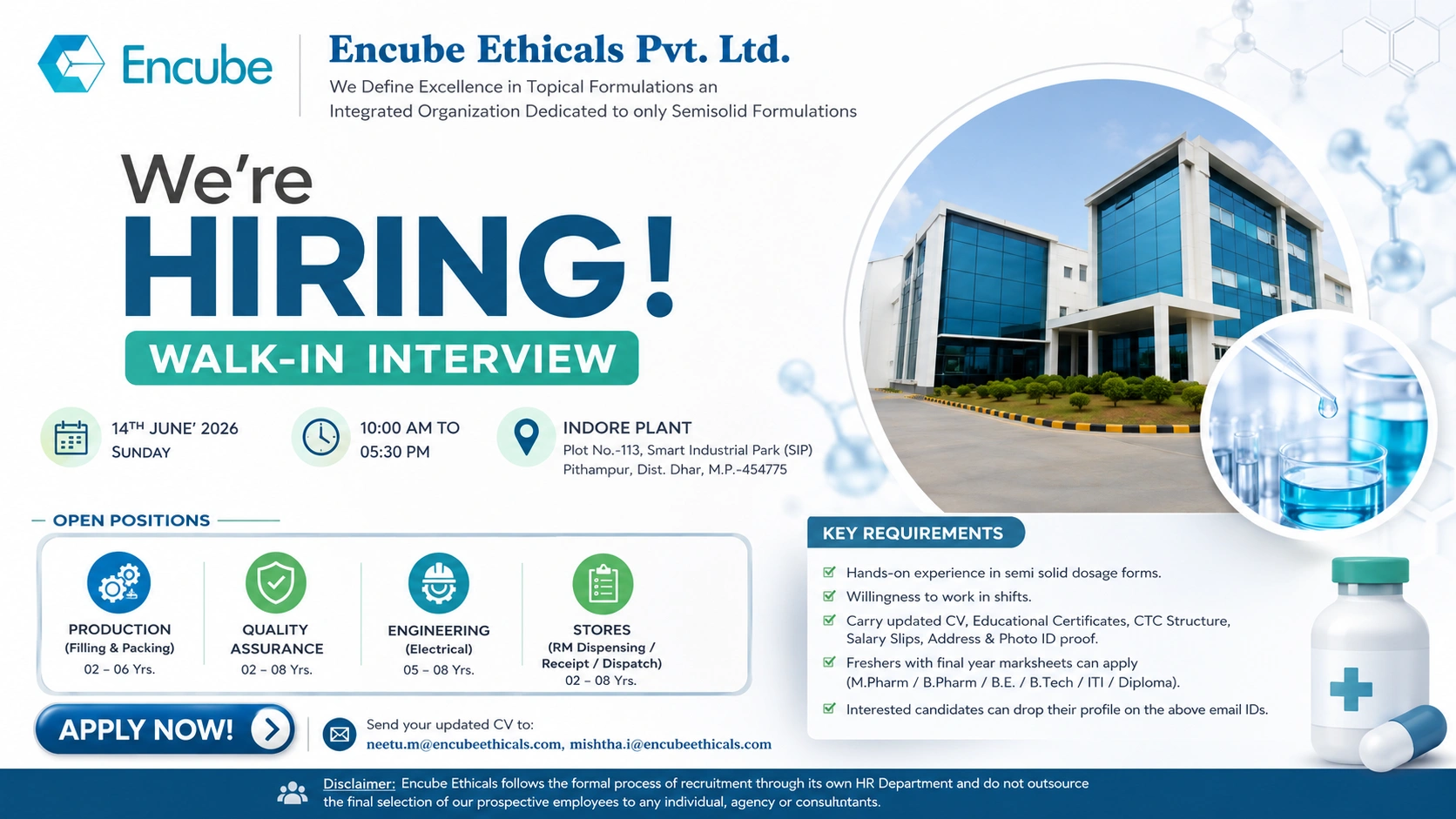 Encube Ethicals Walk-In Interview for Production, Quality Assurance, Engineering & Stores Roles at Pithampur on 14th June 2026