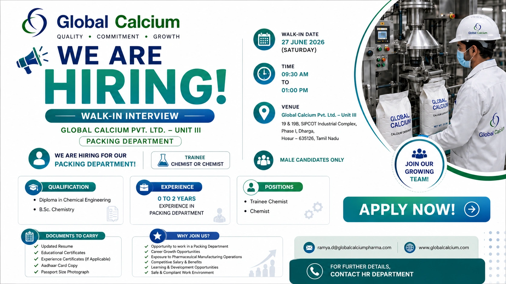 Diploma in Chemical Engineering or B.Sc. Chemistry