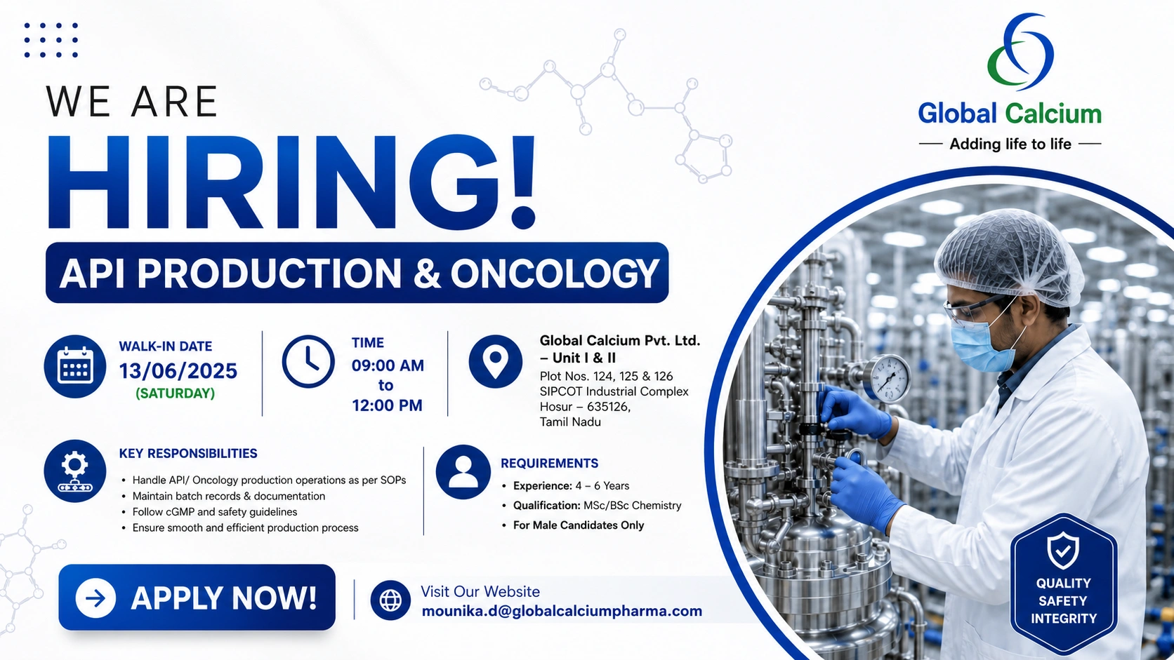 Global Calcium Walk-in Interview for API Production & Oncology – Pharma Production Jobs in Hosur on 13 June 2025 (Saturday)