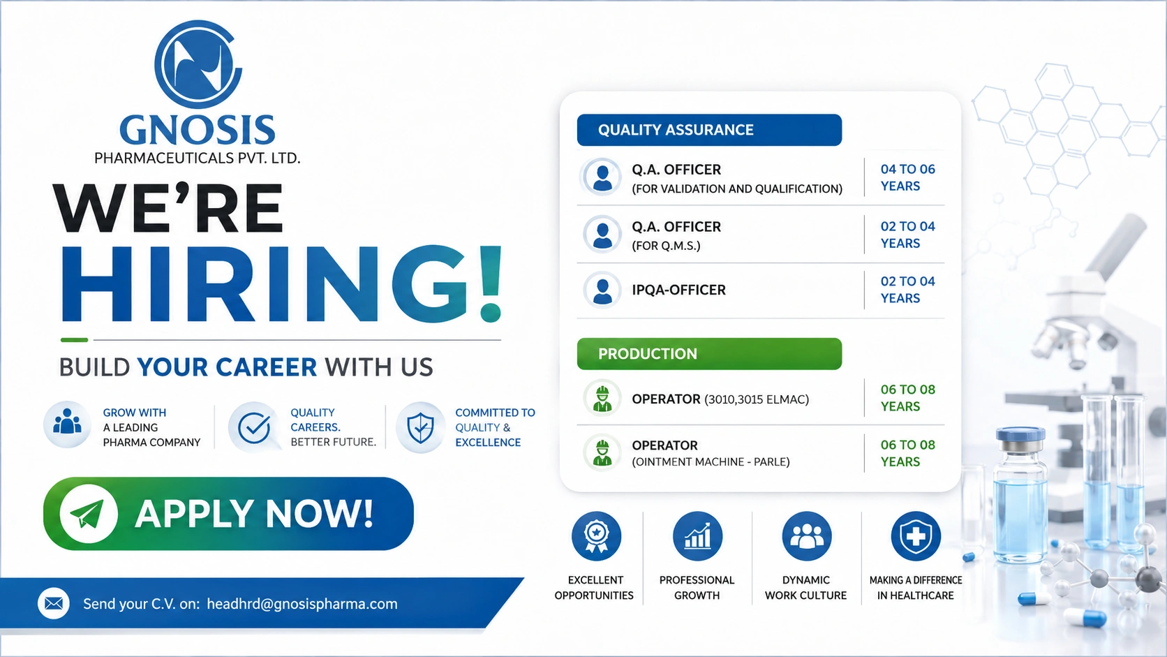 Gnosis Pharmaceuticals Hiring QA Officers, IPQA Officers & Production Operators in Himachal Pradesh | Apply Now