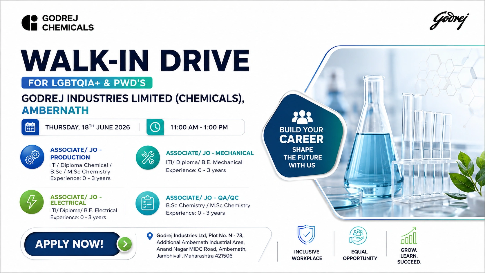 Godrej Chemicals Walk-In Drive for LGBTQIA+ & PWD Candidates | Production, QA/QC, Electrical & Mechanical Jobs in Ambernath on 18 June 2026 (Thursday)