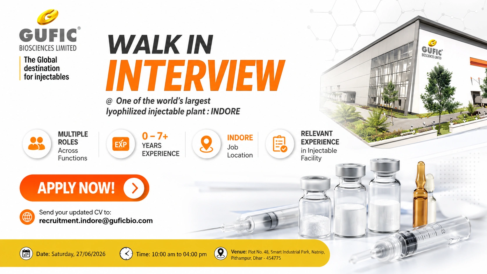 Gufic Biosciences Walk-In Interview for Engineering & Utility Professionals at Indore Injectable Plant on 27 June 2026 (Saturday)