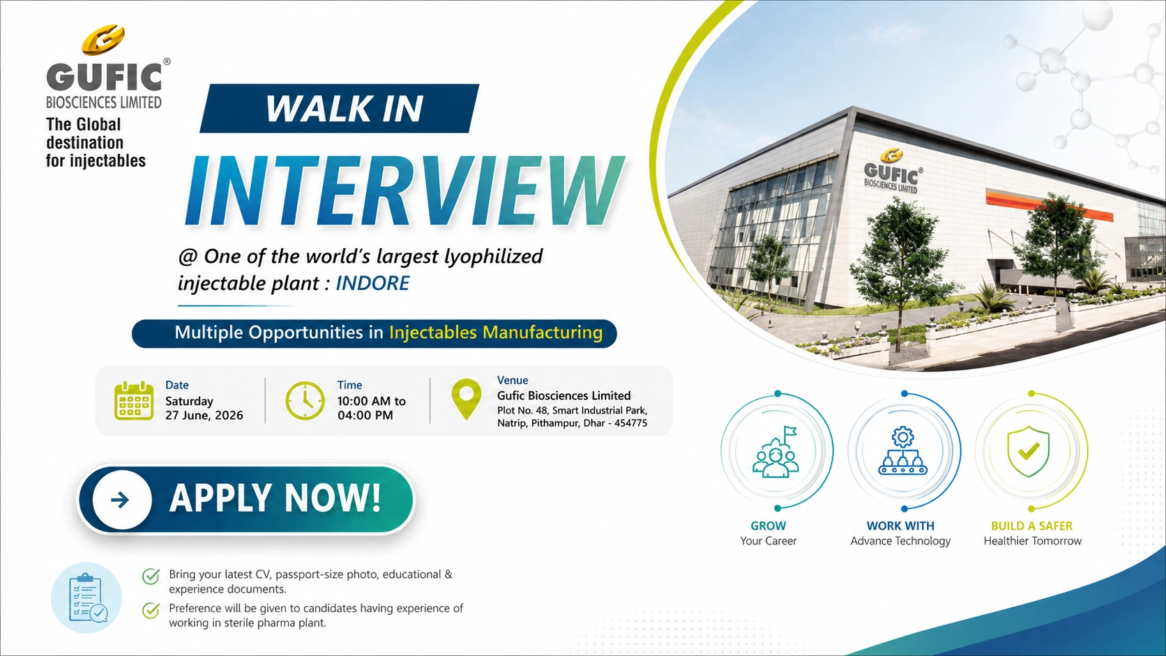 Gufic Biosciences Walk-In Interview for Engineering & Maintenance Professionals at Indore Injectable Plant on 27 June 2026 (Saturday)