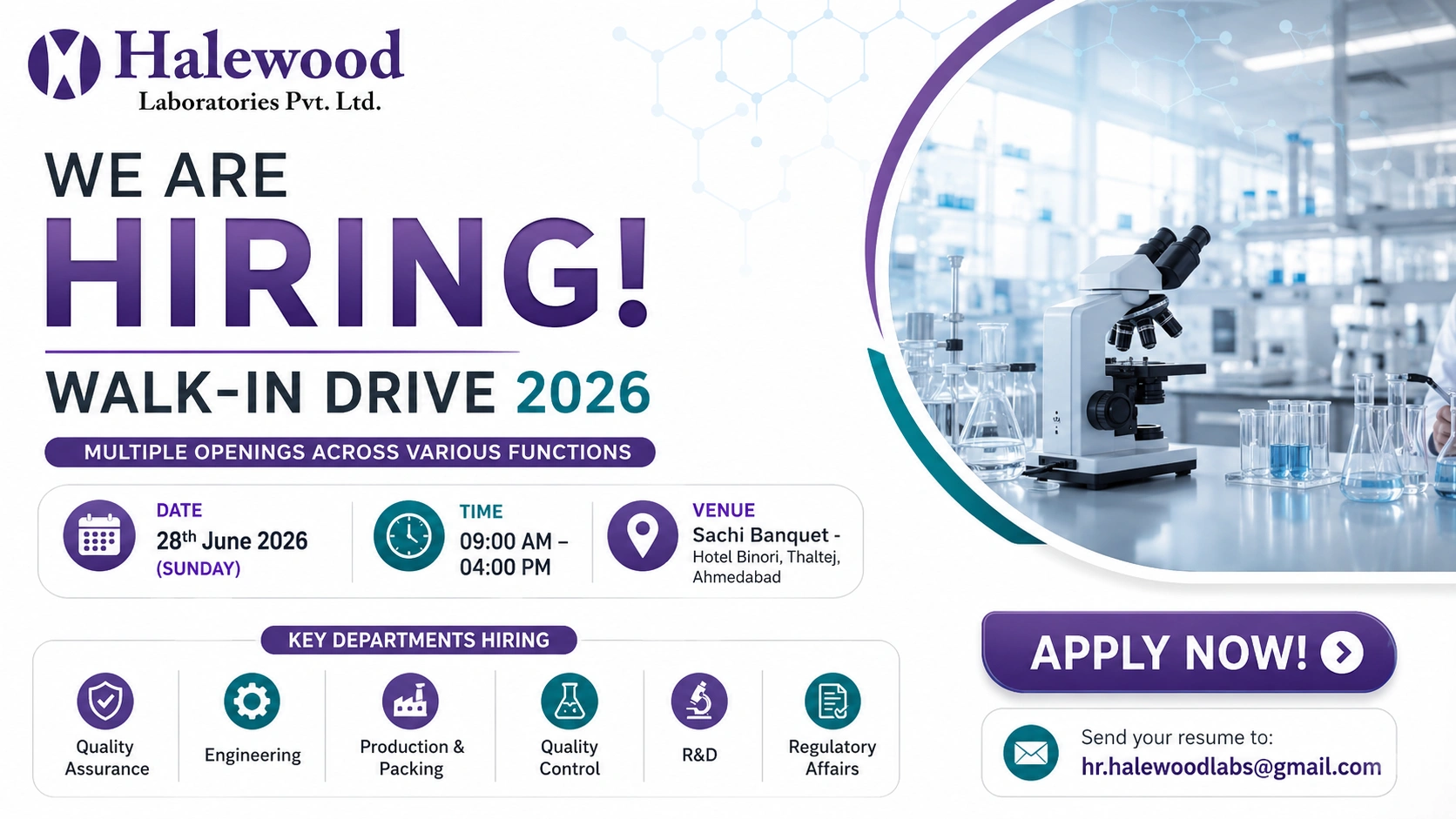 Halewood Laboratories Walk-In Drive for QA, QC, Production, Engineering, R&D & Regulatory Affairs | Ahmedabad on 28th June 2026