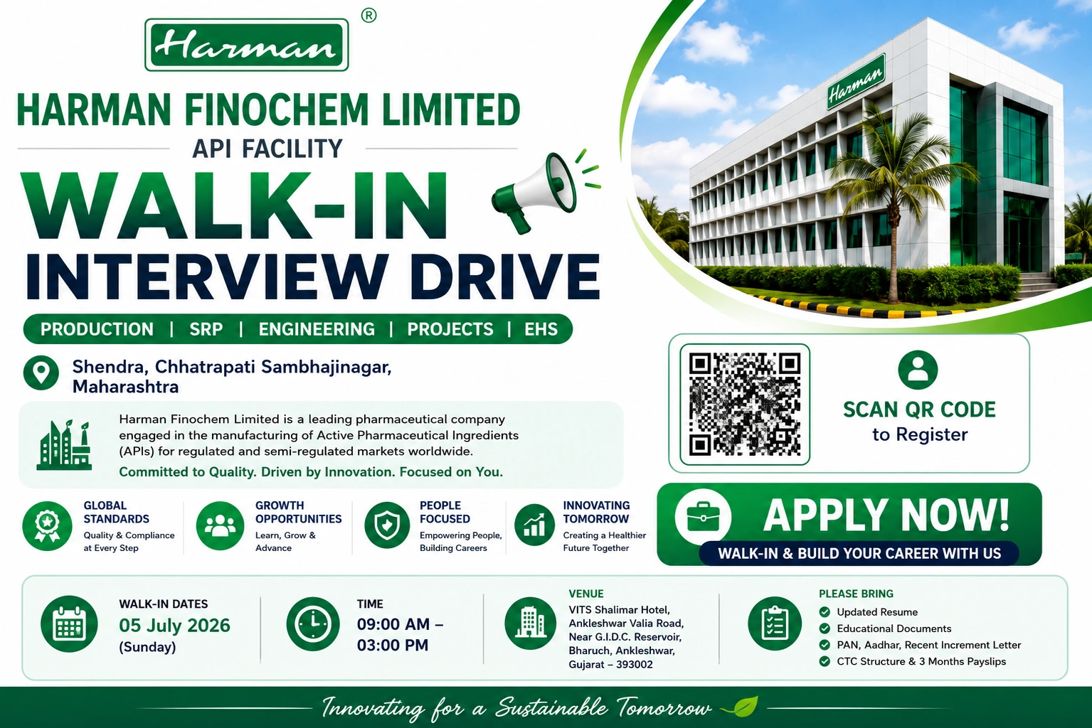 B.Sc. / M.Sc. / B.Tech (Chemical) / Diploma (Chemical) / B.E. / B.Tech (Various Disciplines) / 12th Pass (Fire Safety)