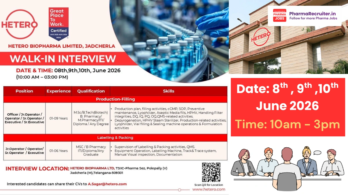 Hetero Biopharma Limited Walk-in Interview 2026 – Production