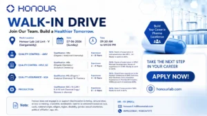 Honour Lab Walk-In Interview for QC, QA & Production Jobs in Hyderabad | Pharma Jobs in India on 7th June 2026