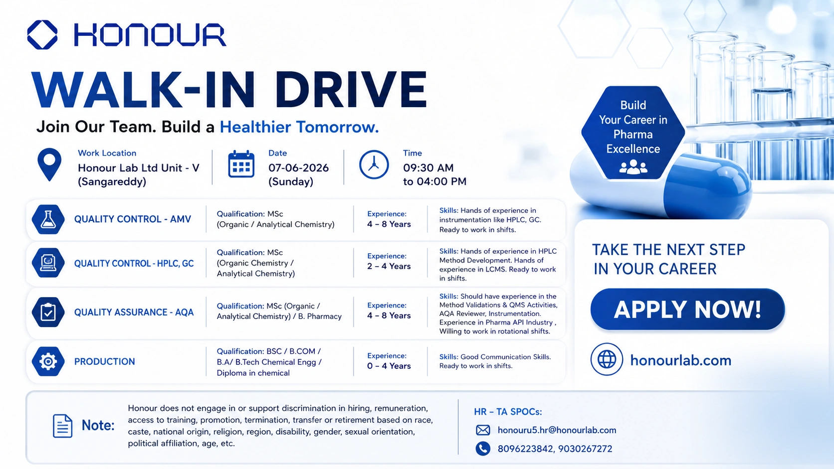 Honour Lab Walk-In Interview for QC, QA & Production Jobs in Hyderabad | Pharma Jobs in India on 7th June 2026