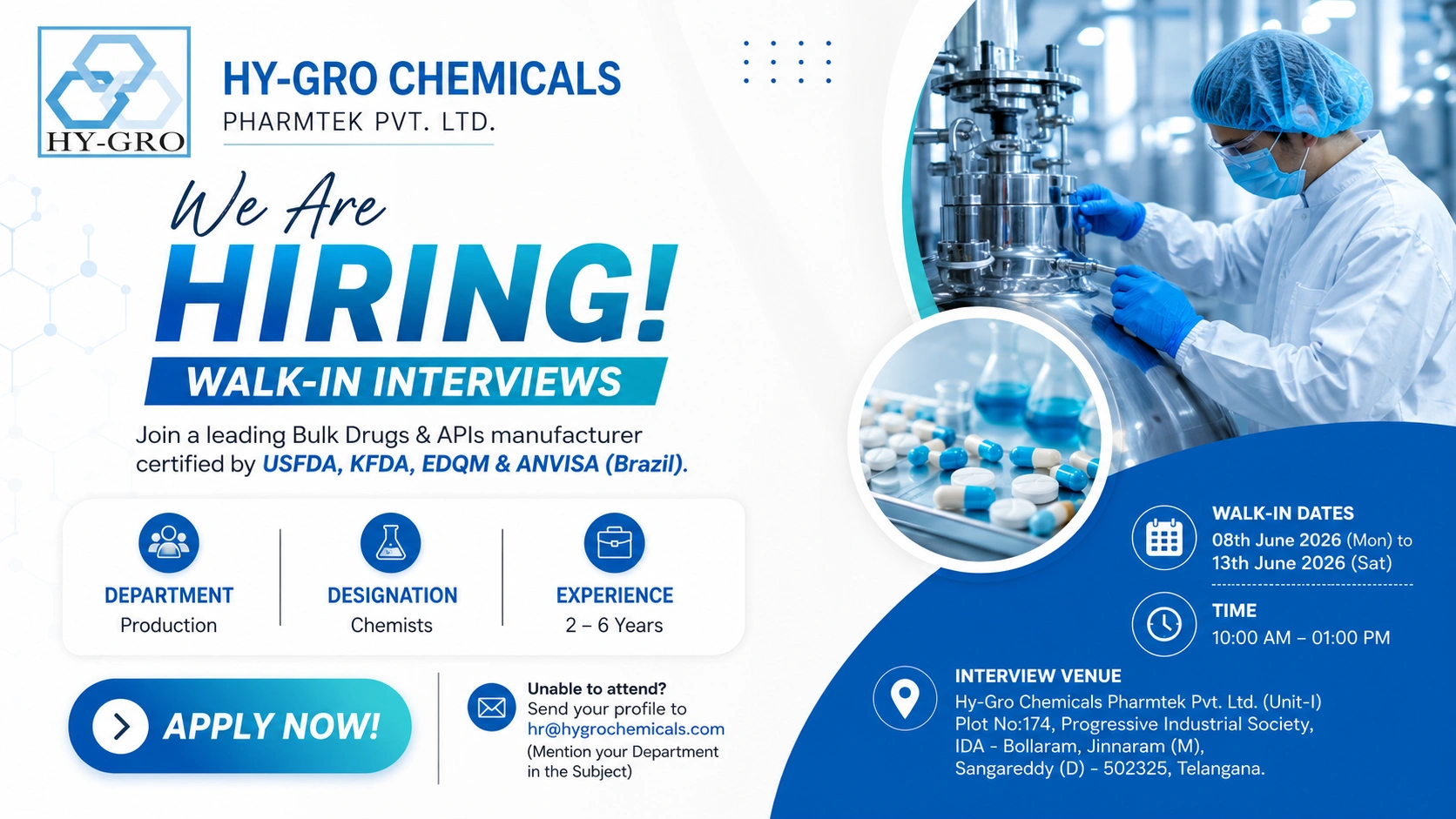 Hy-Gro Chemicals Pharmtek Walk-in Interview for Production Chemists | Pharma Jobs in Telangana on 08 June 2026 to 13 June 2026