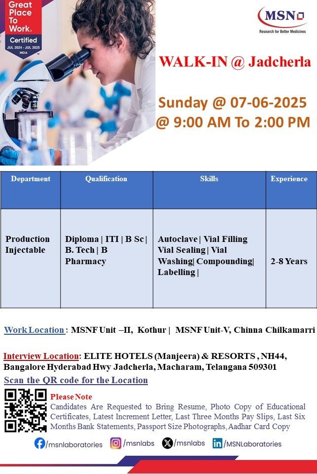 MSN Laboratories Walk-In Interview for Production Injectable | Pharma Jobs in Telangana on 07 June 2026 (Saturday)