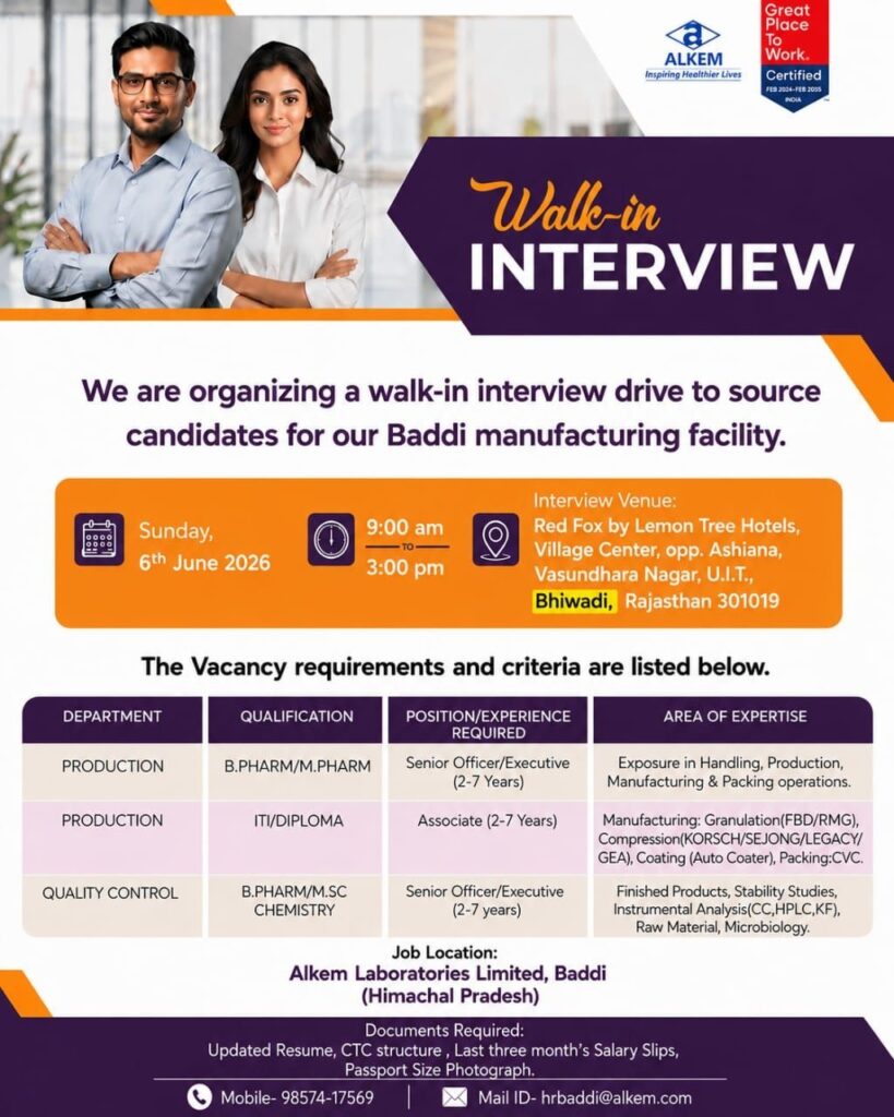 Alkem Laboratories Walk-in Interview for Production & Quality Control Roles at Baddi Manufacturing Facility on 6 June 2026 (Sunday)