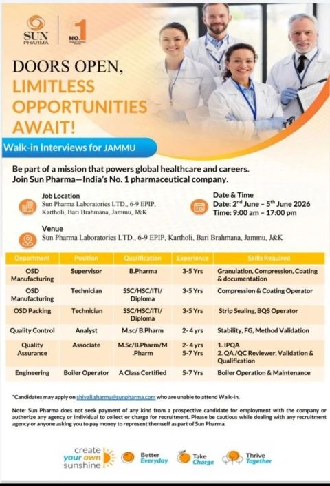 Sun Pharma Walk-in Interview for OSD Manufacturing, Quality Control, Quality Assurance & Engineering Roles in Jammu on 2nd June 2026 to 5th June 2026