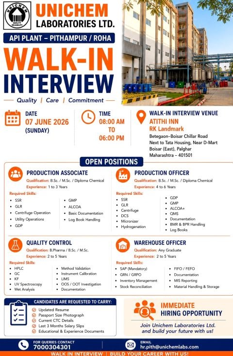 Unichem Laboratories Walk-In Interview for Production, Quality Control & Warehouse Roles | Pharma Jobs in Maharashtra on 07 June 2026 (Sunday)