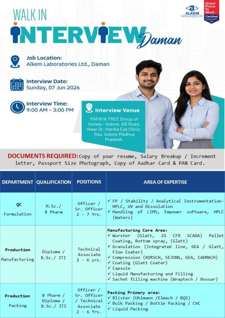 Alkem Laboratories Walk-In Interview for QC, Production Manufacturing & Packing Roles at Daman on Sunday, 07 June 2026