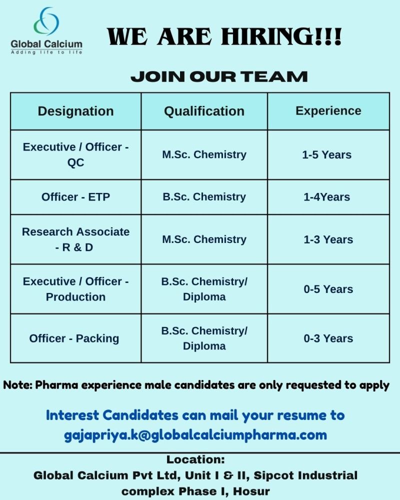 Global Calcium Pharma Recruitment: QC, Production, R&D, ETP & Packing Jobs in Hosur