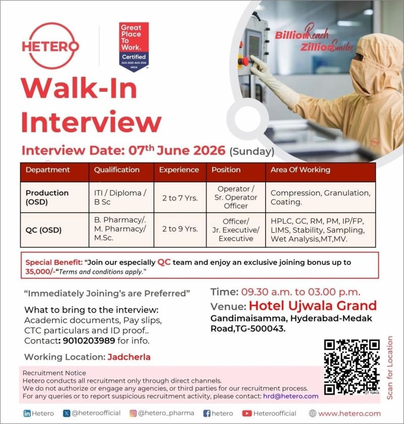 Hetero Walk-In Interview for Production and QC Departments | Pharma Jobs in Hyderabad on 07 June 2026