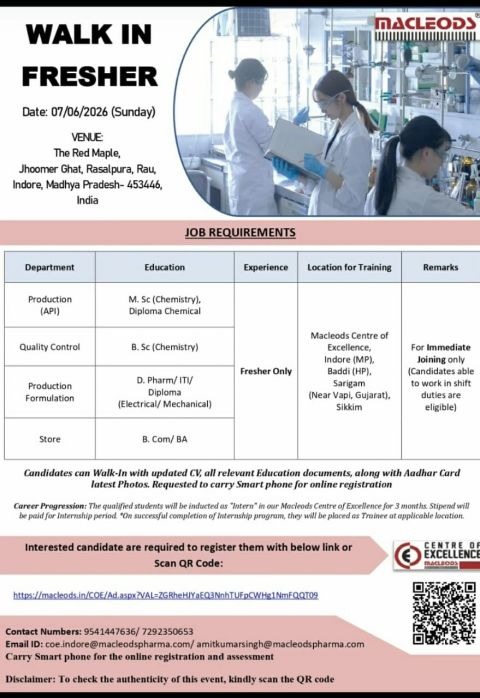Macleods Pharma Walk-In Interview for Freshers | Production, QC, Store & Formulation Jobs on 07 June 2026 (Sunday)