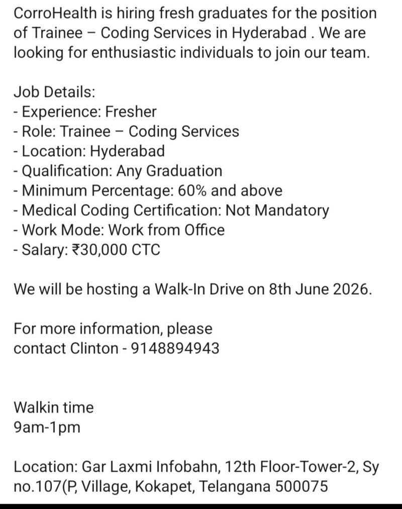 CorroHealth Walk-In Interview for Freshers | Trainee – Coding Services Jobs in Hyderabad on 8th June 2026