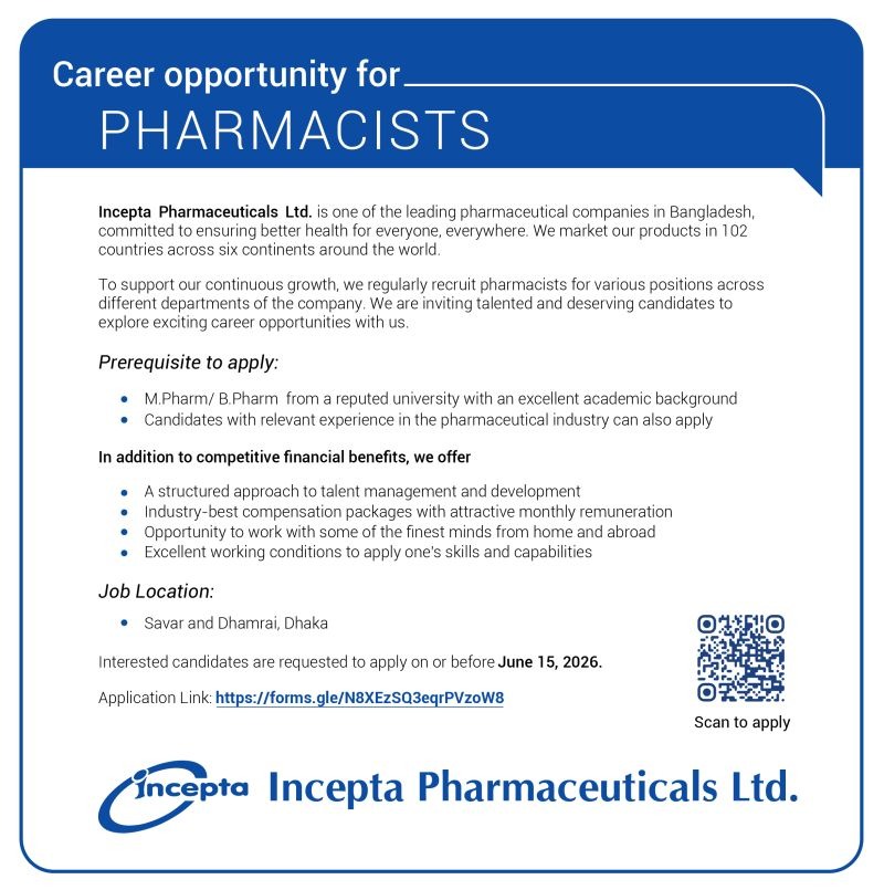 Incepta Pharmaceuticals Hiring Pharmacists in Dhaka | Apply Online Before June 15 2026