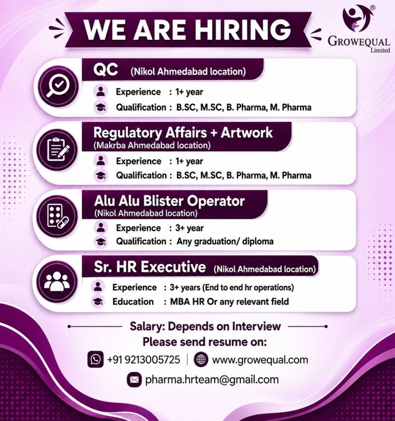 GROWEQUAL Limited Hiring for QC, Regulatory Affairs, Artwork, Alu Alu Blister Operator & Sr. HR Executive Jobs in Ahmedabad