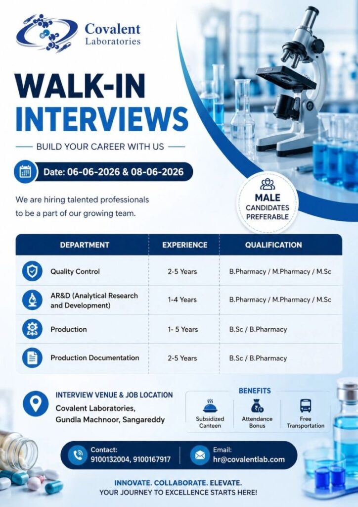 Covalent Laboratories Walk-In Interview for QC, AR&D, Production & Documentation Roles on 06 June 2026 & 08 June 2026