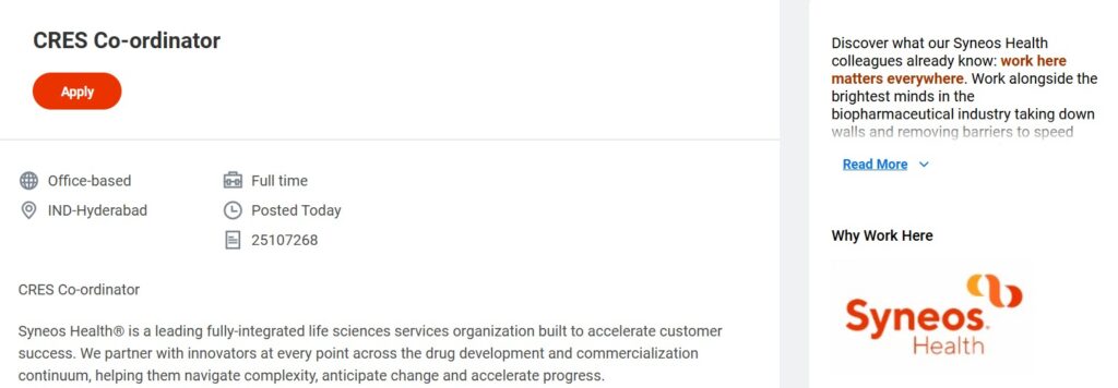 CRES Co-ordinator Jobs in Hyderabad at Syneos Health | Apply for Corporate Services Coordinator Role