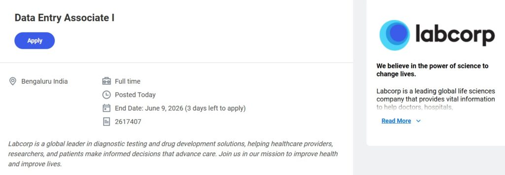 Data Entry Associate I Job Opening at Labcorp Bengaluru | Clinical Research & Pharma Careers