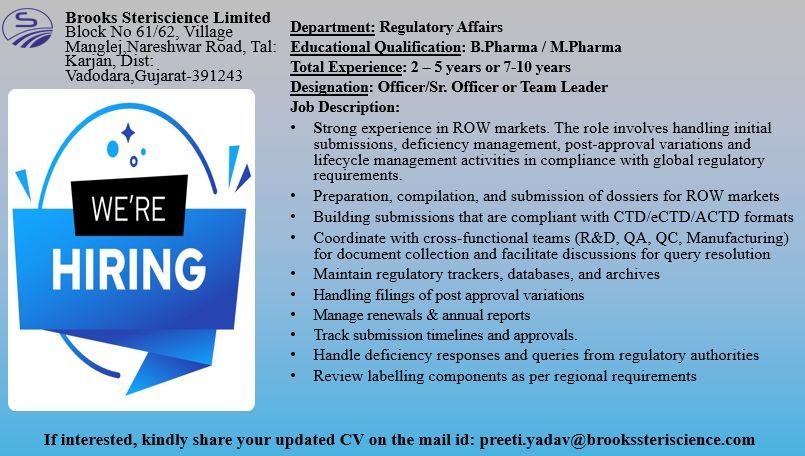 Brooks Steriscience Limited Hiring Regulatory Affairs Professionals | Pharma Jobs in Gujarat
