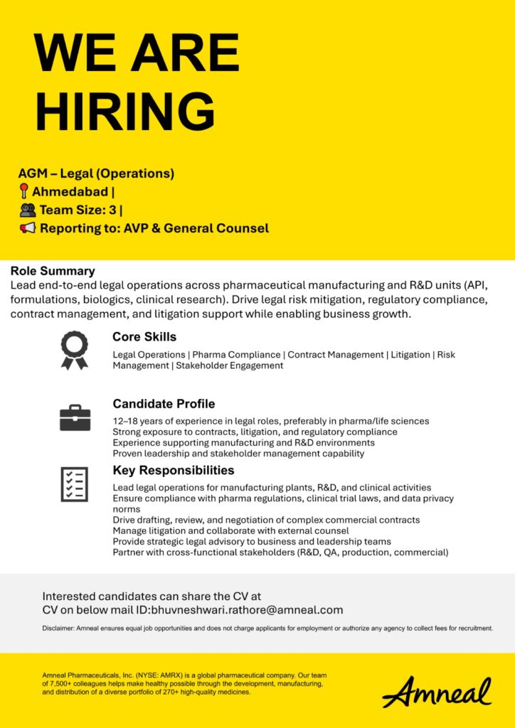 AGM – Legal (Operations) Jobs in Ahmedabad | Amneal Pharmaceuticals Hiring Experienced Legal Professionals