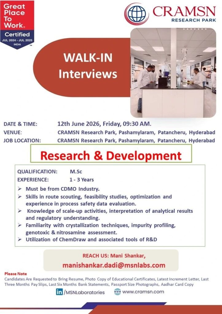 CRAMSN Research Park Walk-In Interview for R&D Professionals | M.Sc Chemistry Jobs in Hyderabad on 12th June 2026 (Friday)