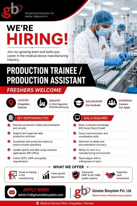 Genuine Biosystem Hiring Production Trainee / Production Assistant – Freshers Welcome | Chennai Pharma Jobs