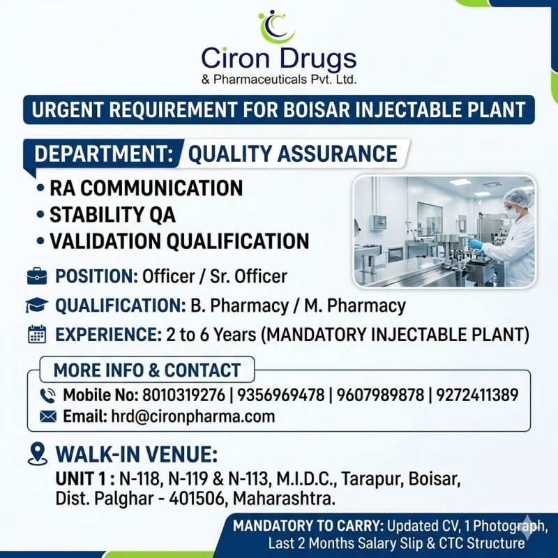 Ciron Drugs & Pharmaceuticals Hiring 2026 | QA & Production Jobs in Boisar Injectable Plant