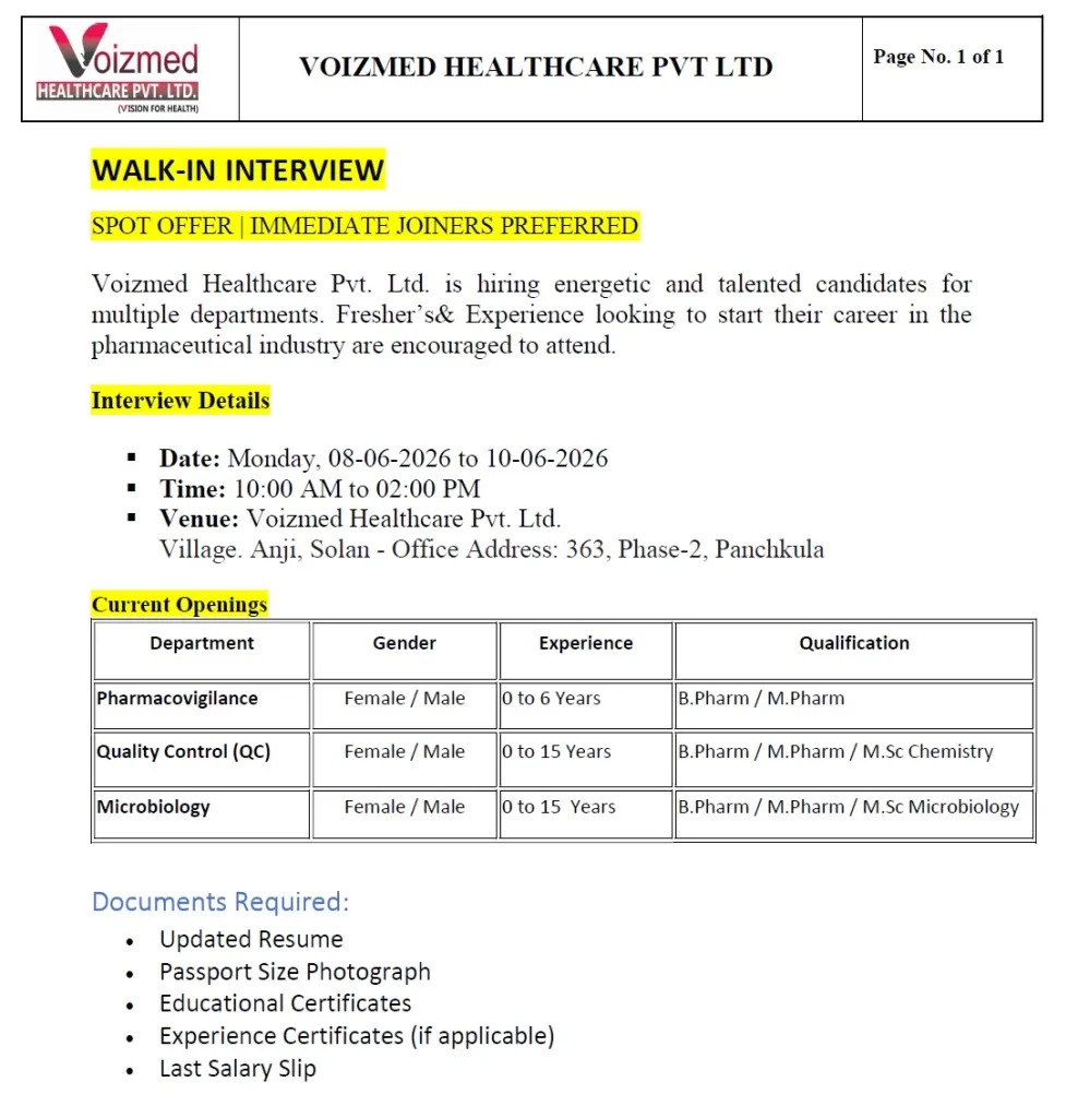 Voizmed Healthcare Pvt. Ltd. Walk-In Interview | Pharmacovigilance, QC & Microbiology Jobs on 08 June 2026 to 10 June 2026