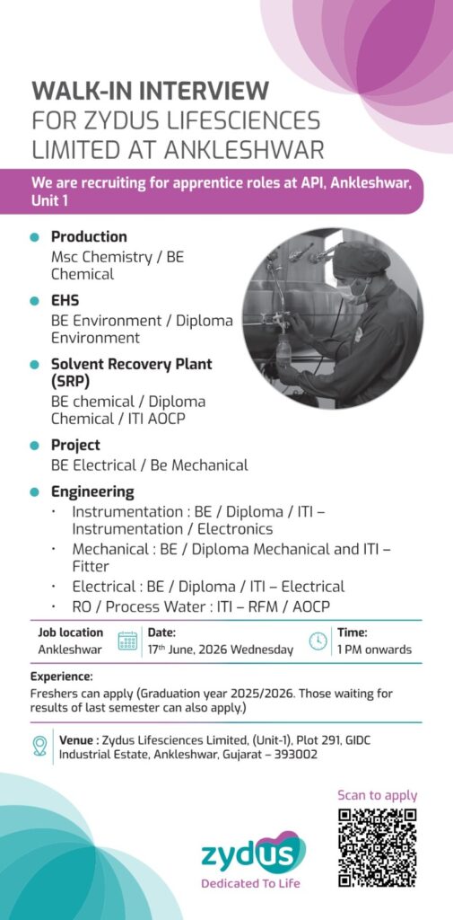 Zydus Lifesciences Walk-In Interview for Apprentice Roles at Ankleshwar | Freshers Eligible on 17 June 2026 (Wednesday)