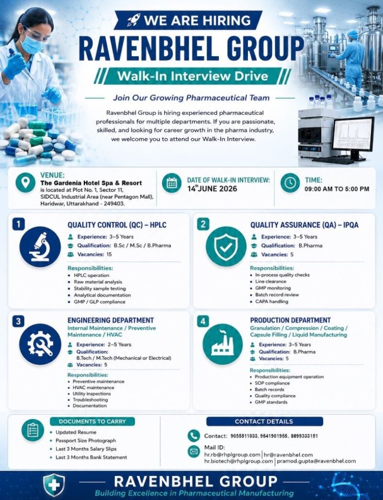Ravenbhel Group Walk-In Interview for QA, QC, Production & Engineering Professionals in Haridwar on 14 June 2026